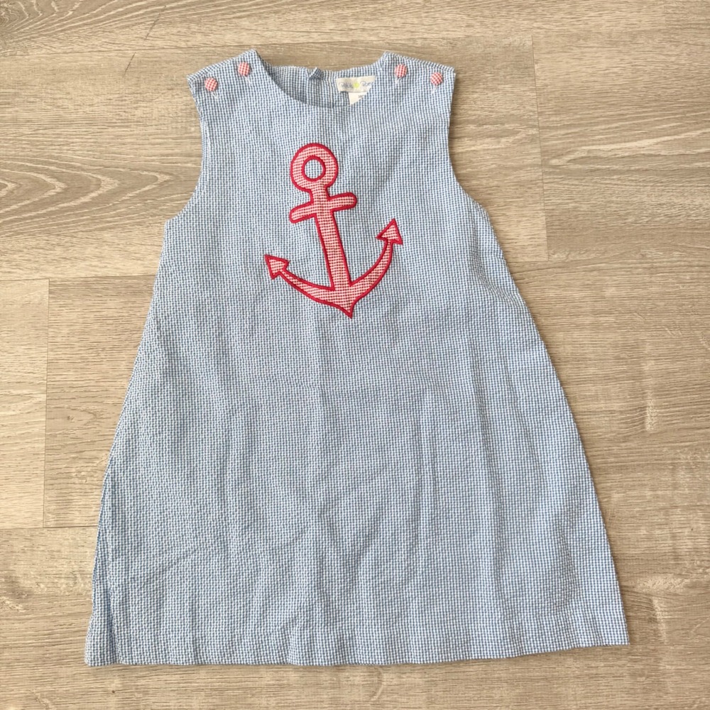 Petit Pomme Girls Blue Seersucker Anchor Applique Dress 2T Nautical Jumper 380P